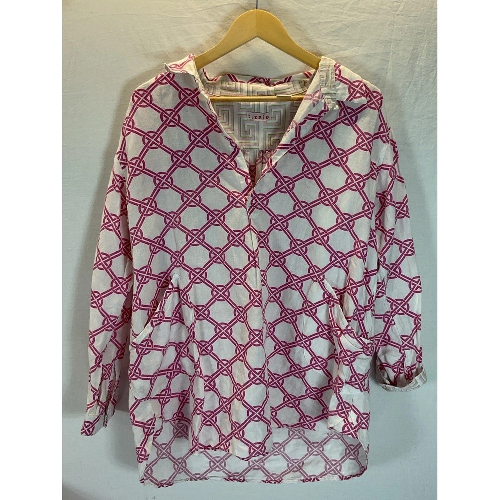 Tizzie Pink/ white‎ linen geometric popover Boho Tunic pockets Sz M Flip Cuffs